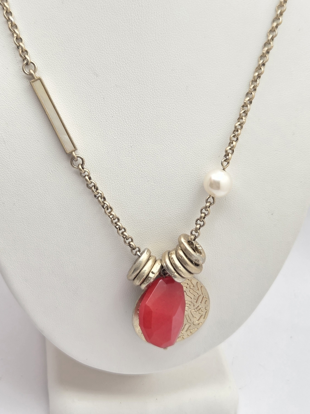 Lia Sophia Gold Tone Long Pendant Necklace Red Faceted Stone Pearl Charm 36"